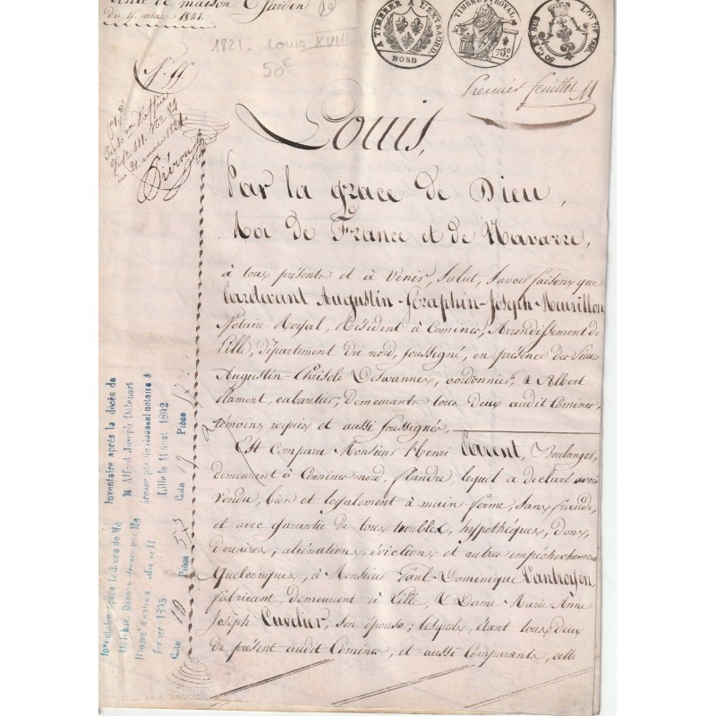 Acte notarié manuscrit de 1821 : vente de maison rédigée sous le règne de Louis XVIII, timbres royaux en tête
